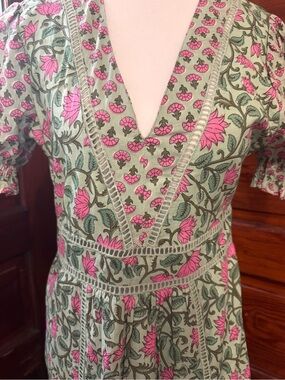 dRA Pink & Green Floral Print Dress Puff Sleeve Cottagecore Boho